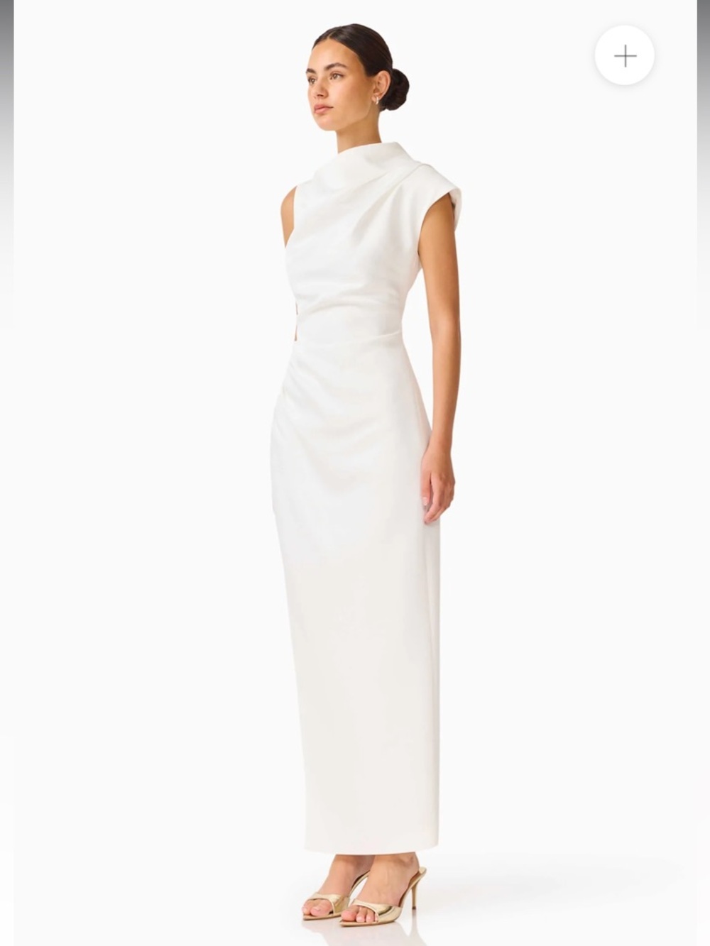 Elliatt coralie white sateen high neckline draped slit detail maxi dress medium - Picture 3 of 13